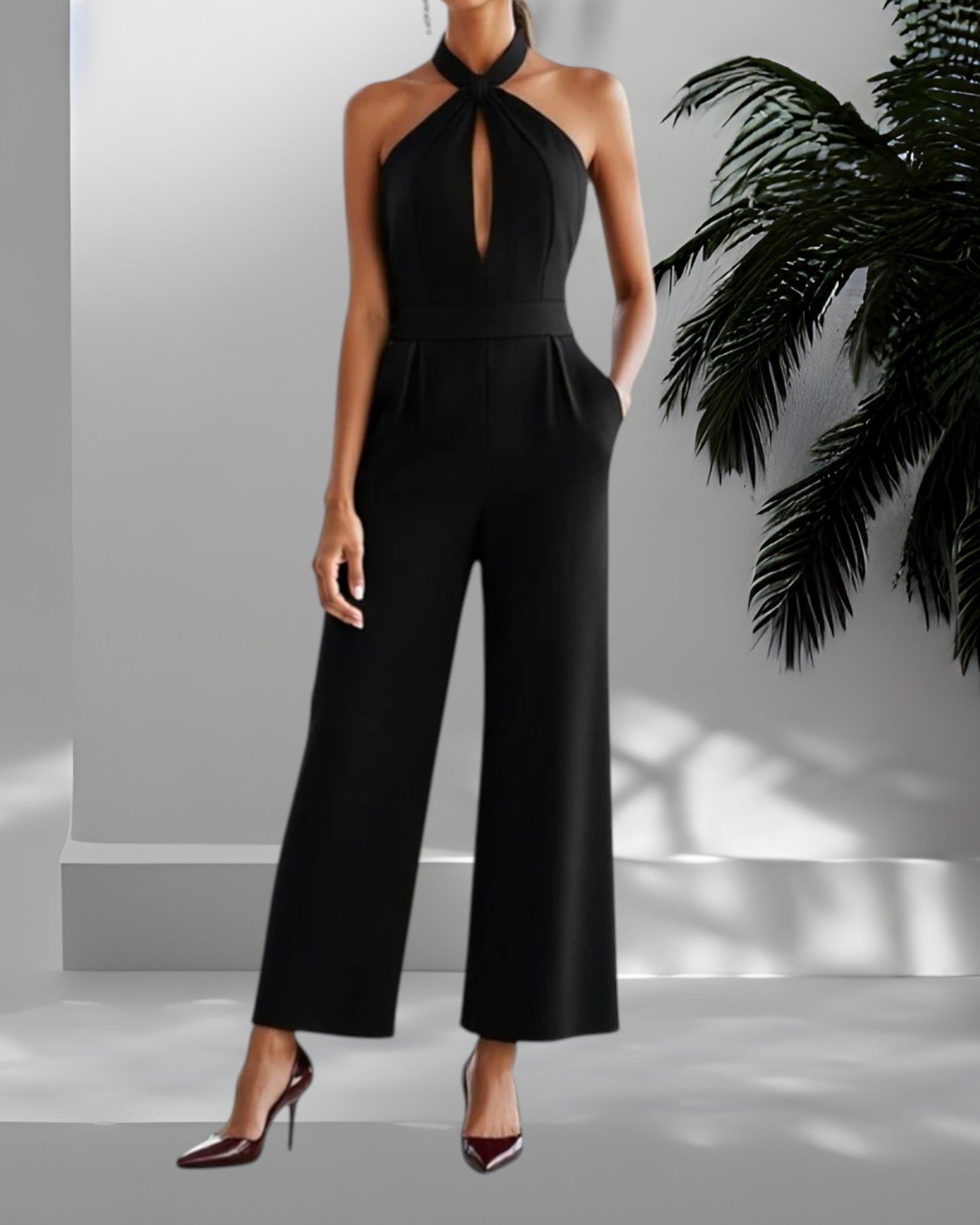 Women's Halter Neck Cut-Out Jumpsuit – Sleek Wide-Leg Workwear