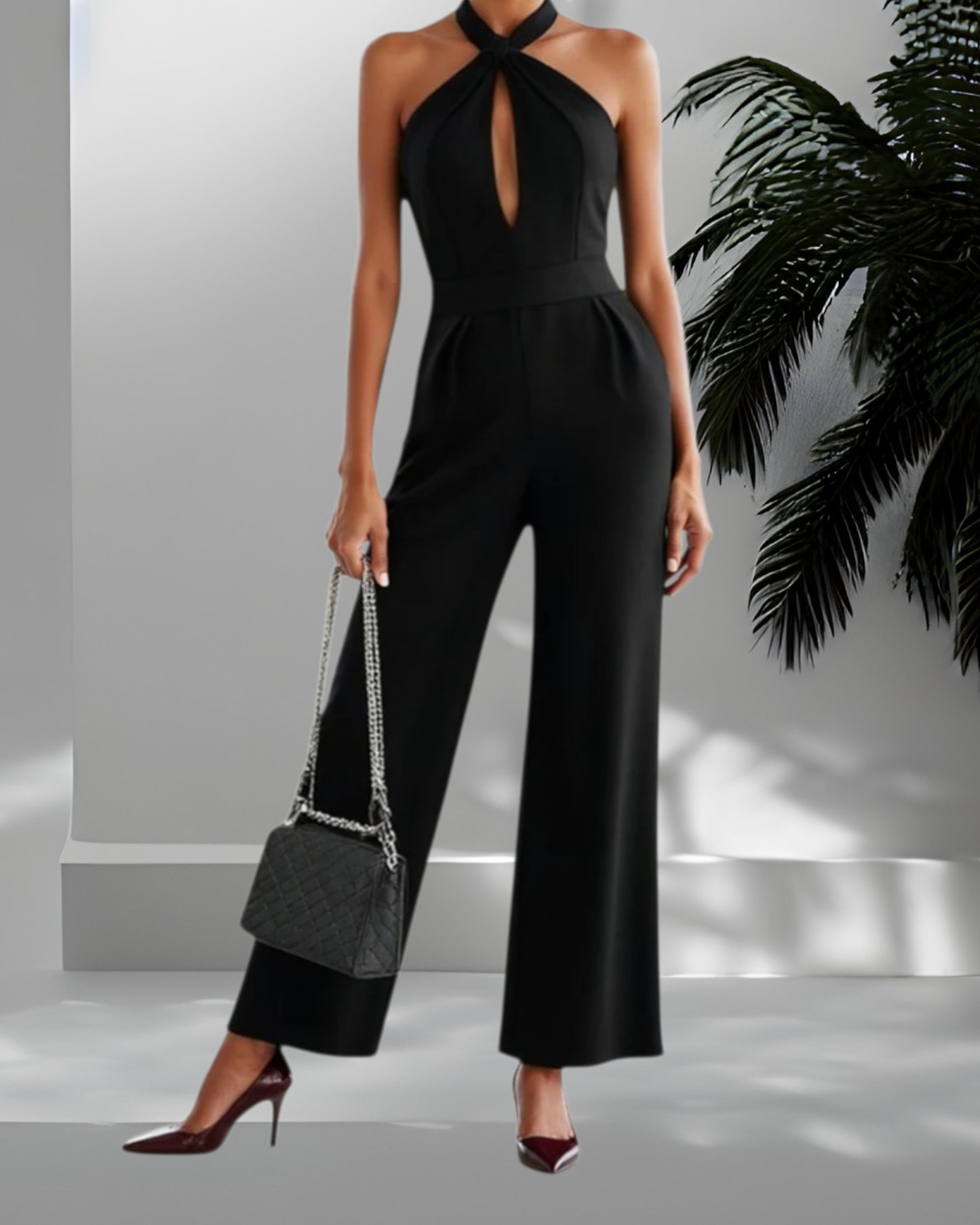 Women's Halter Neck Cut-Out Jumpsuit – Sleek Wide-Leg Workwear