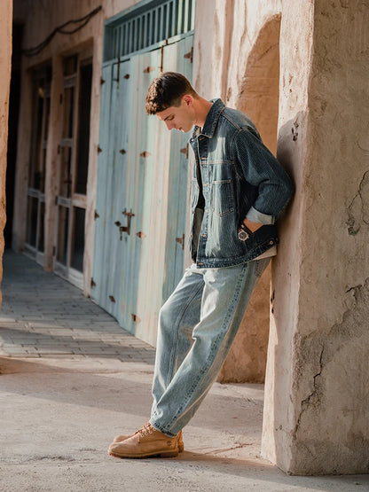 Men's Striped Denim Chore Jacket – Short Length, Oversized Utility