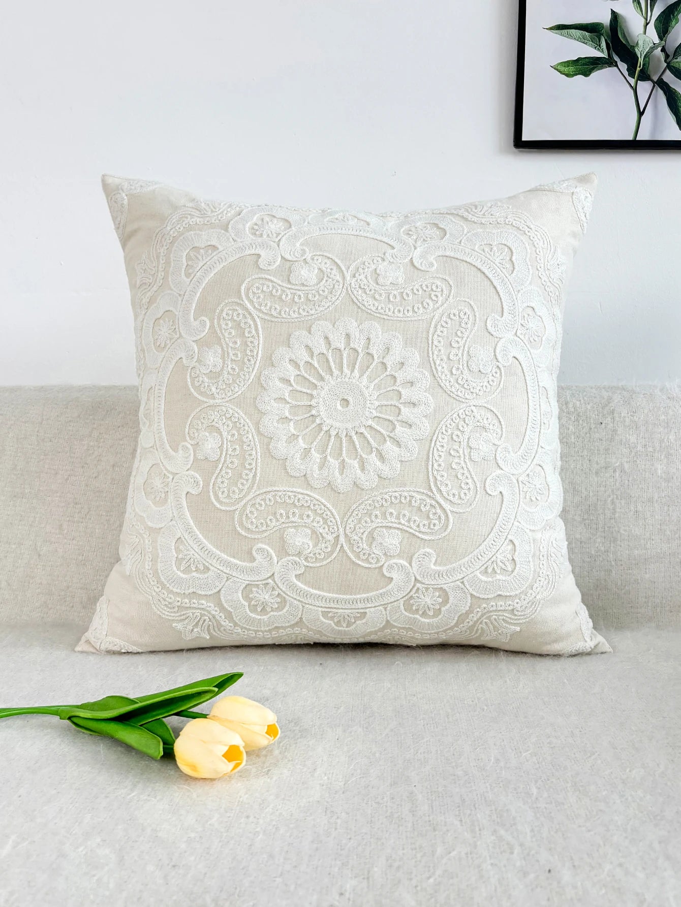 Hand-Embroidered Round Cushion Cover