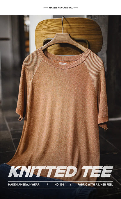 Maden New Vintage Orange Knitted Short Sleeve T-Shirt Men's Summer Loose Fit Ribbed Crew Neck Tee Breathable Casual Street Tops