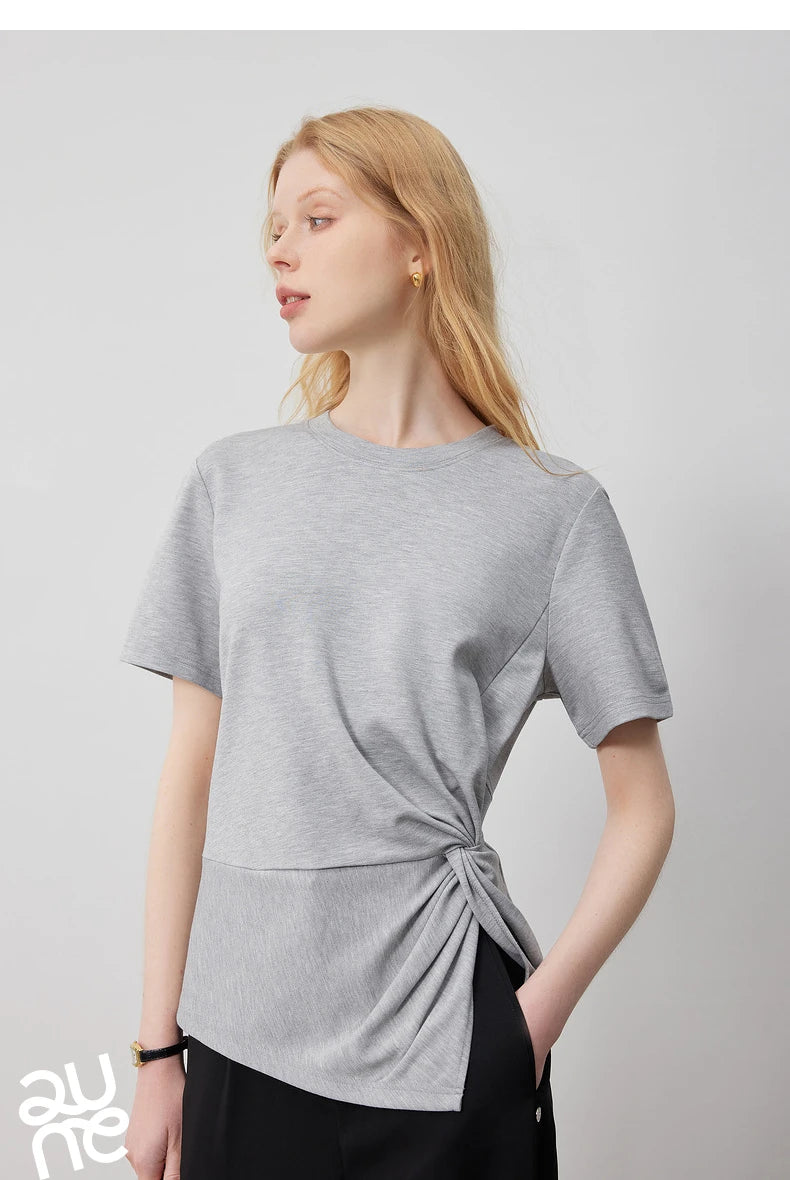 TOYOUTH Women Crop Tops 2024 Spring New Pleated Tie Irregular Solid Color Short Sleeve Women's Basic Tops