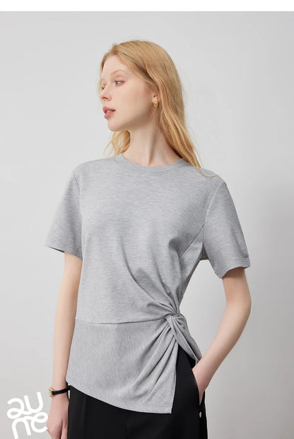 TOYOUTH Women Crop Tops 2024 Spring New Pleated Tie Irregular Solid Color Short Sleeve Women's Basic Tops