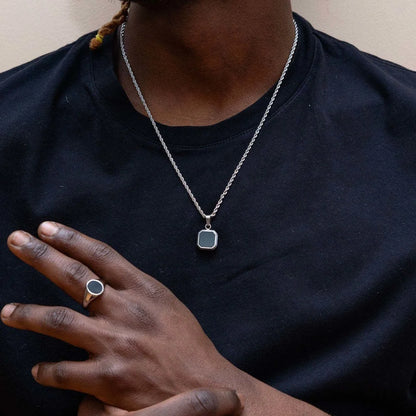 Grid Mark: Geometric Enamel Square Pendant Necklace for Men