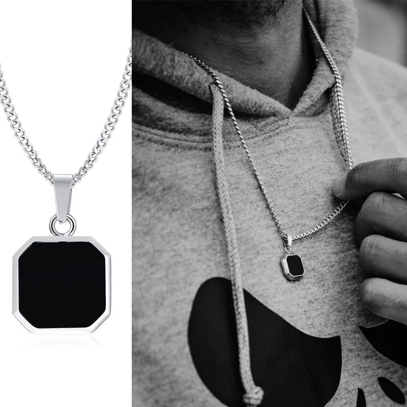 Grid Mark: Geometric Enamel Square Pendant Necklace for Men