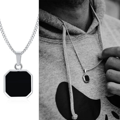 Grid Mark: Geometric Enamel Square Pendant Necklace for Men
