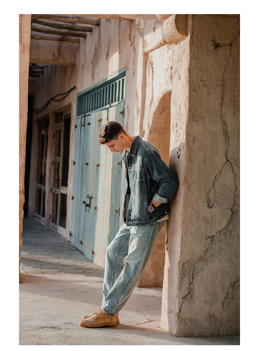 Men's Striped Denim Chore Jacket – Short Length, Oversized Utility