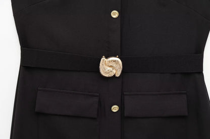 Women's Belted Black Sleeveless Dress – Office Chic Meets Summer Ease