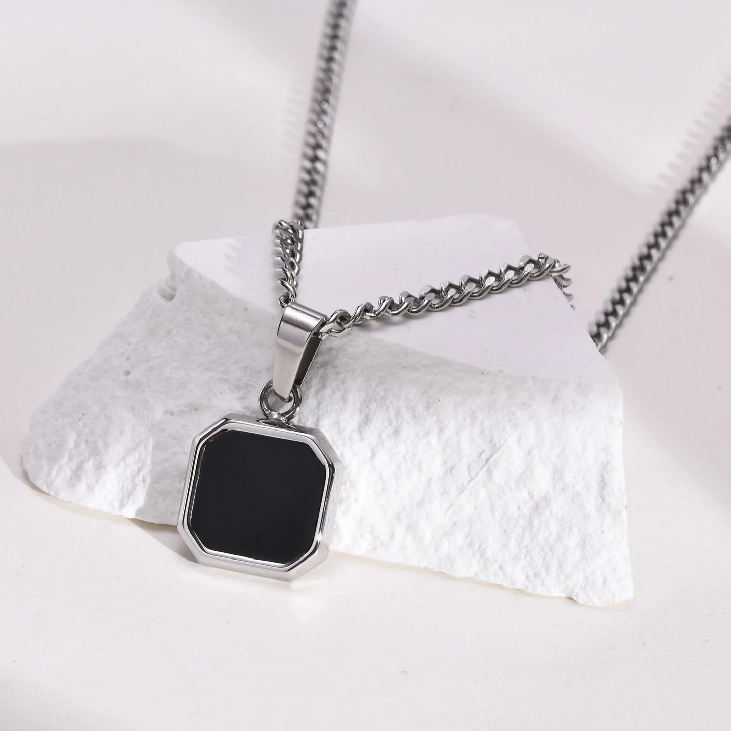 Grid Mark: Geometric Enamel Square Pendant Necklace for Men