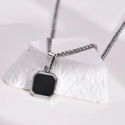 Grid Mark: Geometric Enamel Square Pendant Necklace for Men