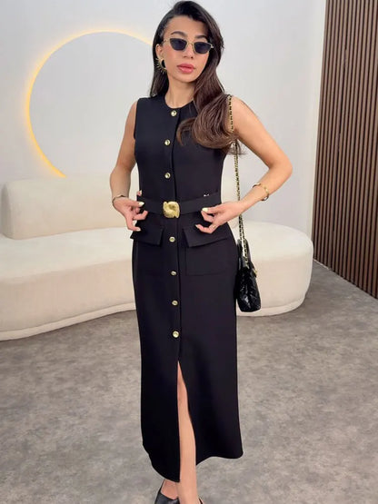 Women's Belted Black Sleeveless Dress – Office Chic Meets Summer Ease