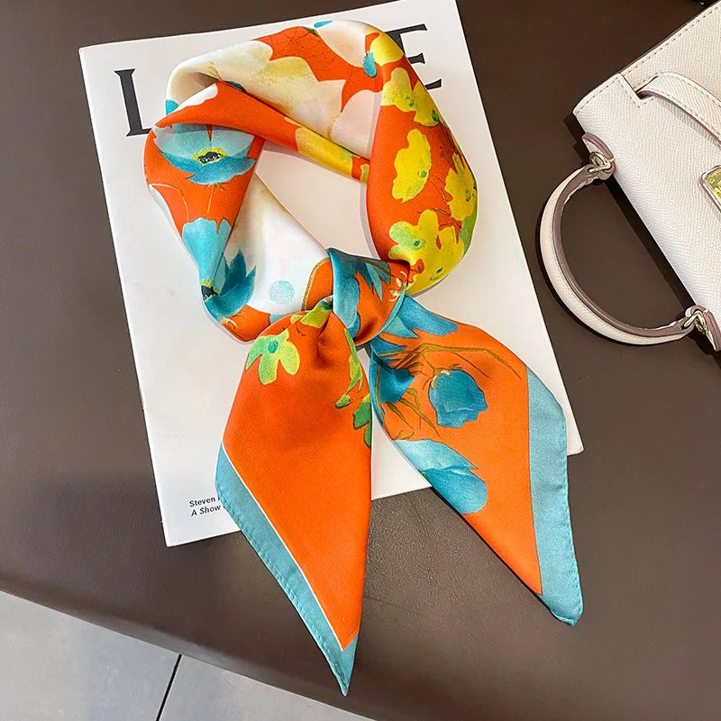 Silken Loop: Printed Satin Square Scarf for Women