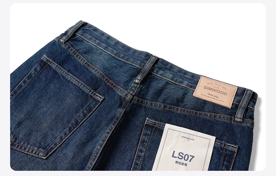 SIMWOOD 2025 Spring New loose Straight 13.5oz Fabric Washed Vintage Jeans Men Classical Plus Size Denim Trousers