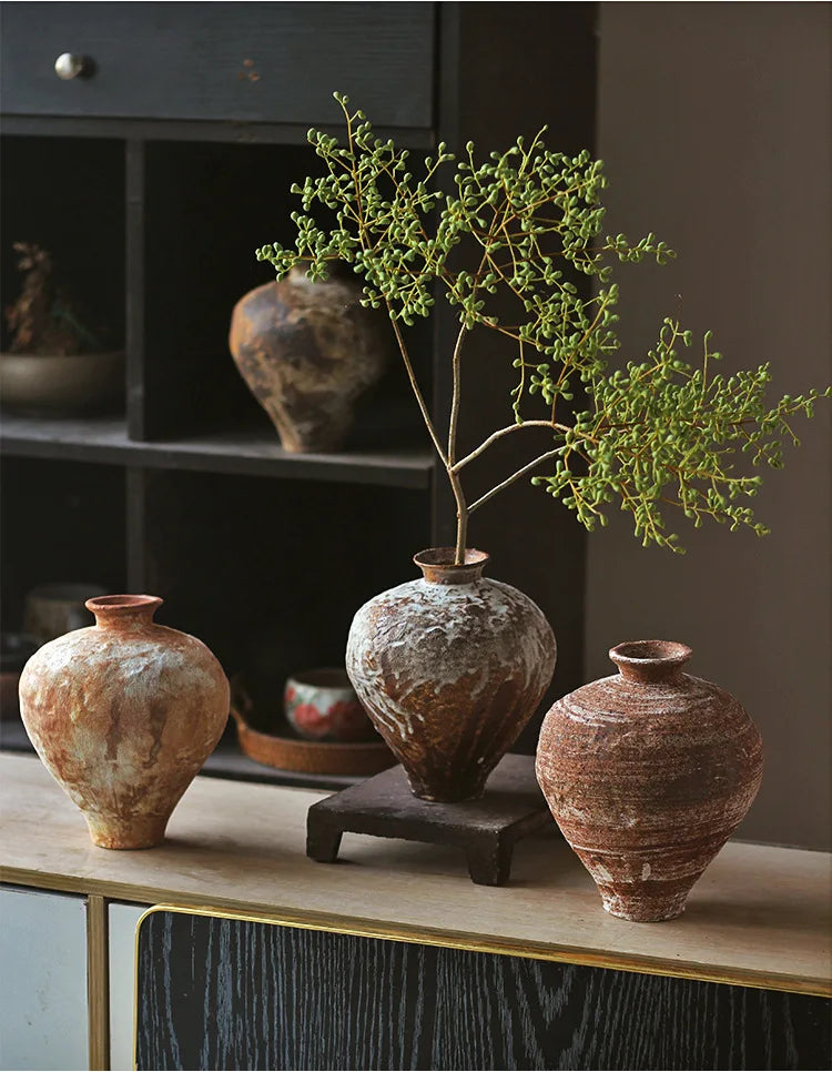 Jarrón de cerámica rugosa retro con diseño floral estilo wabi-sabi de Jingdezhen, con flores japonesas decorativas, adornos B&amp;B, macetas