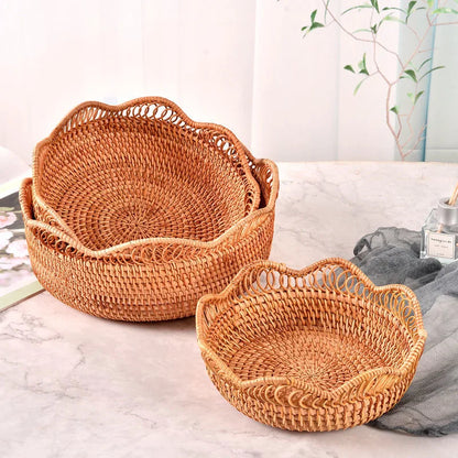 Round Handwoven Rattan Basket – Wicker Fruit, Bread & Storage Organizer