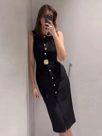 Women's Belted Black Sleeveless Dress – Office Chic Meets Summer Ease