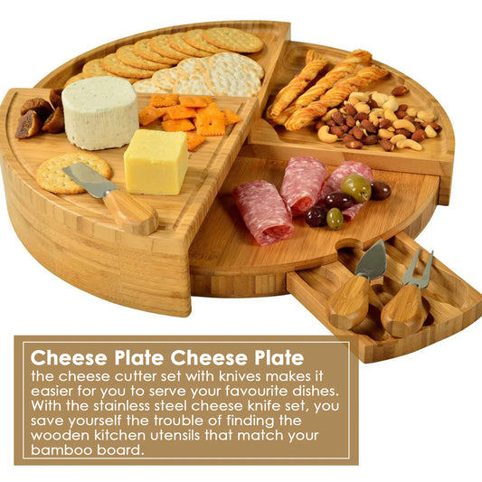 Tabla de quesos de bambú con juego de cuchillos, plato giratorio de 37 cm, ideal para servir y como regalo para el apetito.