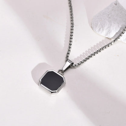 Grid Mark: Geometric Enamel Square Pendant Necklace for Men