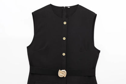 Women's Belted Black Sleeveless Dress – Office Chic Meets Summer Ease