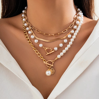 Pearl Clash: Layered Imitation Pearl & Chain Choker Necklace