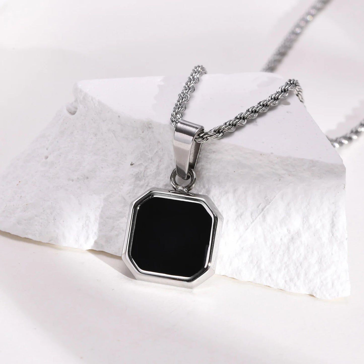 Grid Mark: Geometric Enamel Square Pendant Necklace for Men