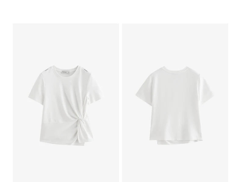 TOYOUTH Women Crop Tops 2024 Spring New Pleated Tie Irregular Solid Color Short Sleeve Women's Basic Tops