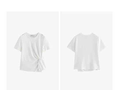 TOYOUTH Women Crop Tops 2024 Spring New Pleated Tie Irregular Solid Color Short Sleeve Women's Basic Tops