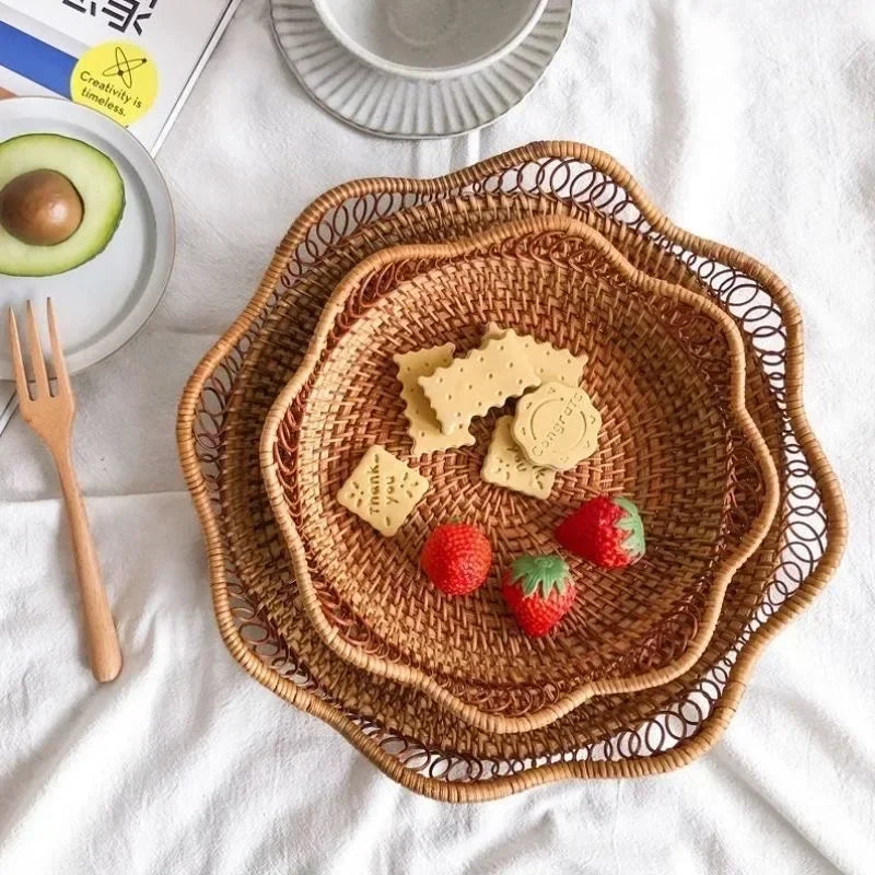 Round Handwoven Rattan Basket – Wicker Fruit, Bread & Storage Organizer