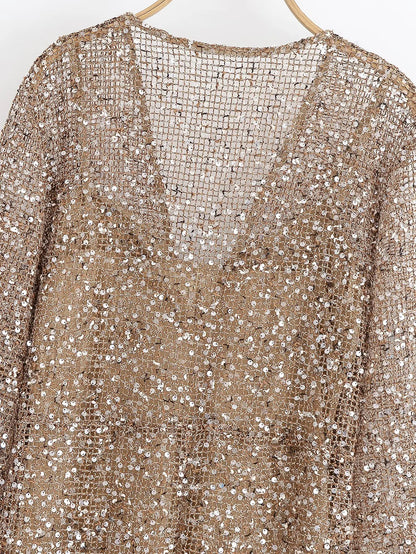 Women's Sequin-Embellished V-Neck Midi Dress – Lightweight Elegance for Summer