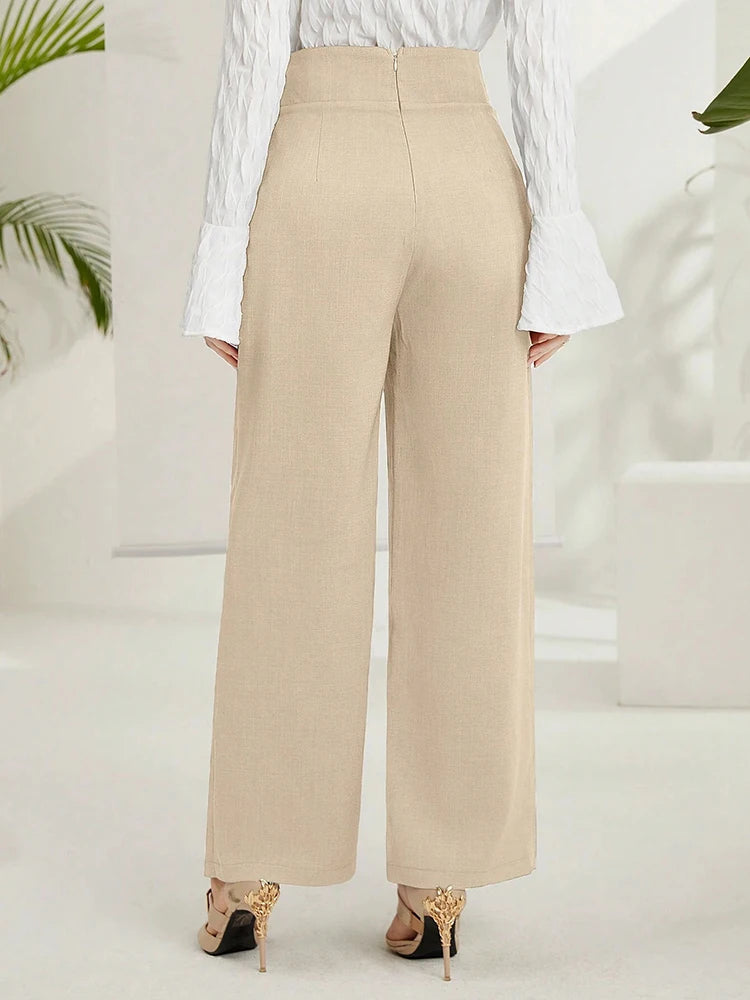 Women's High-Waisted Wide-Leg Trousers – Solid Overlay Front Office & Casual Ankle Pants