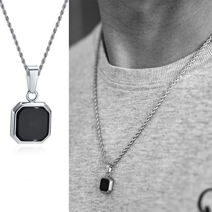 Grid Mark: Geometric Enamel Square Pendant Necklace for Men