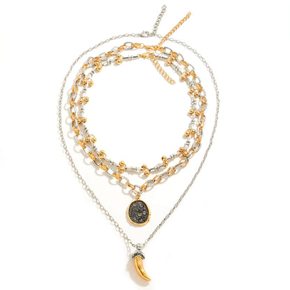 3-Piece Horn Glitter Pendant Necklace Set – Vintage-Inspired Layered Chains for Parties & Gifts