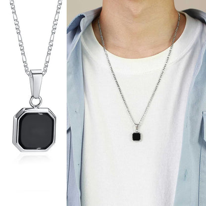 Grid Mark: Geometric Enamel Square Pendant Necklace for Men