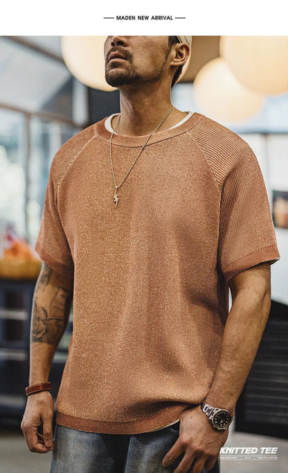 Maden New Vintage Orange Knitted Short Sleeve T-Shirt Men's Summer Loose Fit Ribbed Crew Neck Tee Breathable Casual Street Tops