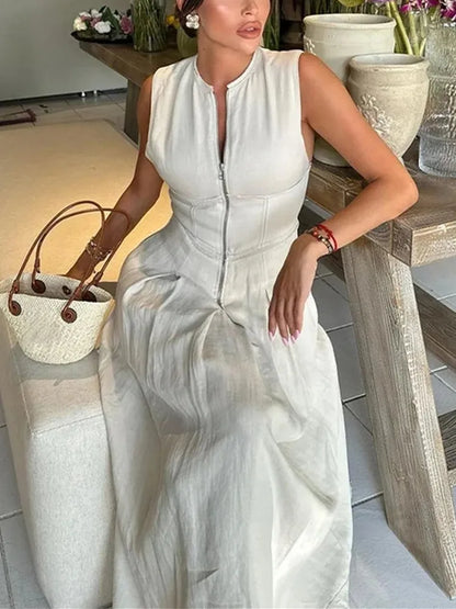 Women's Pleated Bodycon Midi Dress – Sleek Sleeveless Style for Summer Events