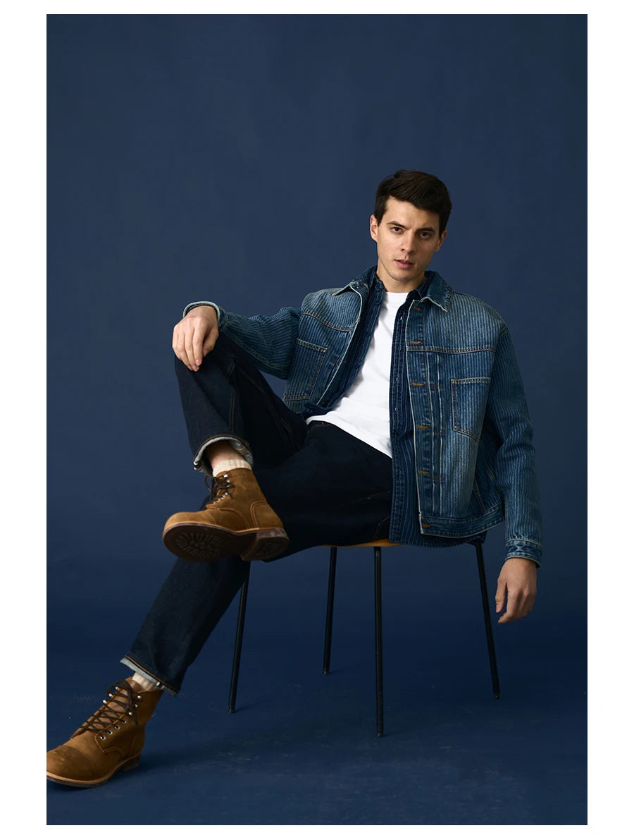 Men's Striped Denim Chore Jacket – Short Length, Oversized Utility