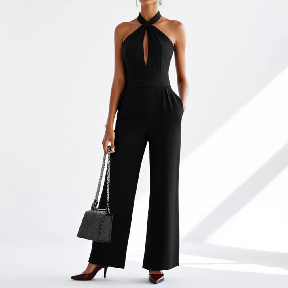 Women's Halter Neck Cut-Out Jumpsuit – Sleek Wide-Leg Workwear