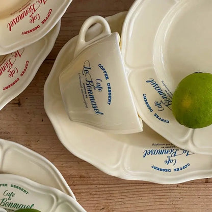 Vintage Cream Ceramic Coffee Cup & Plate Set