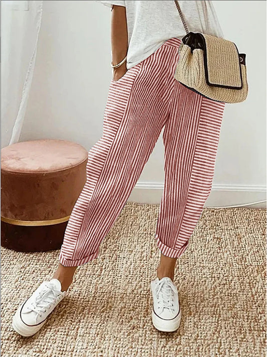 Women's Summer Striped High-Waist Capri Trousers – Casual Comfort Fit