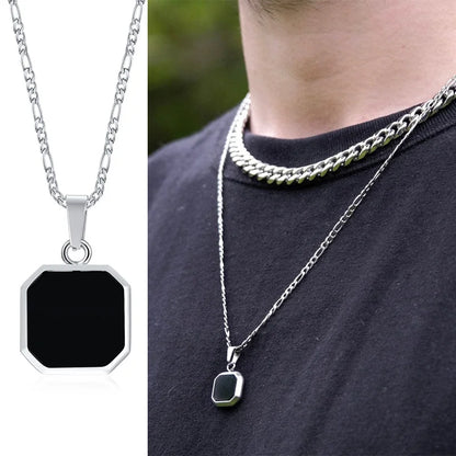 Grid Mark: Geometric Enamel Square Pendant Necklace for Men