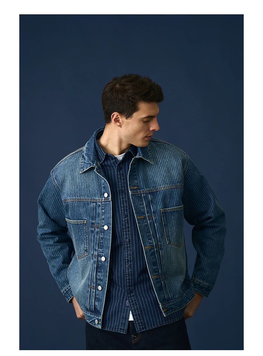 Men's Striped Denim Chore Jacket – Short Length, Oversized Utility