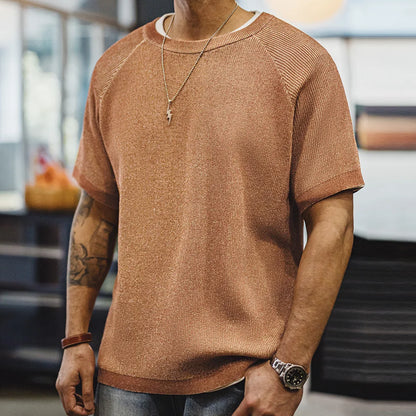 Maden New Vintage Orange Knitted Short Sleeve T-Shirt Men's Summer Loose Fit Ribbed Crew Neck Tee Breathable Casual Street Tops