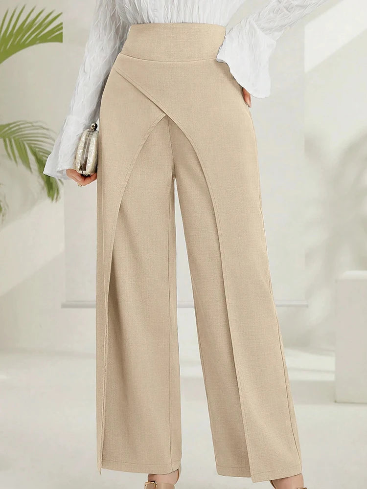 Women's High-Waisted Wide-Leg Trousers – Solid Overlay Front Office & Casual Ankle Pants