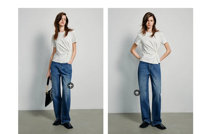 TOYOUTH Women Crop Tops 2024 Spring New Pleated Tie Irregular Solid Color Short Sleeve Women's Basic Tops