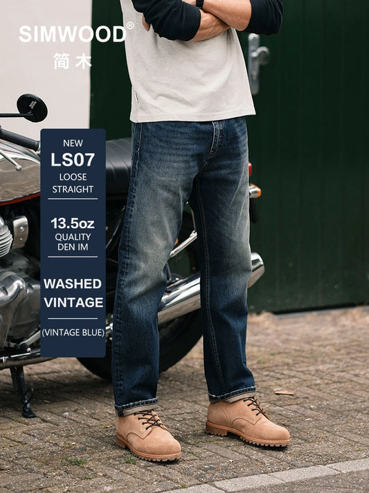 SIMWOOD 2025 Spring New loose Straight 13.5oz Fabric Washed Vintage Jeans Men Classical Plus Size Denim Trousers