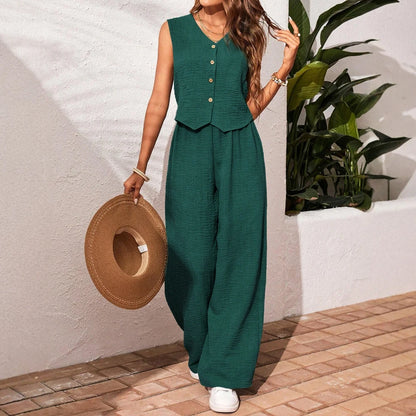 Women's Sleeveless V-Neck Daily Set – Casual Straight-Cut Co-ord for Spring/Summer