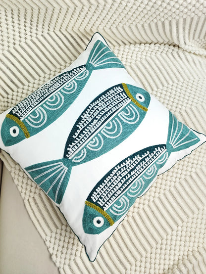 Ocean Thread: Blue Fish Embroidered Cushion Cover