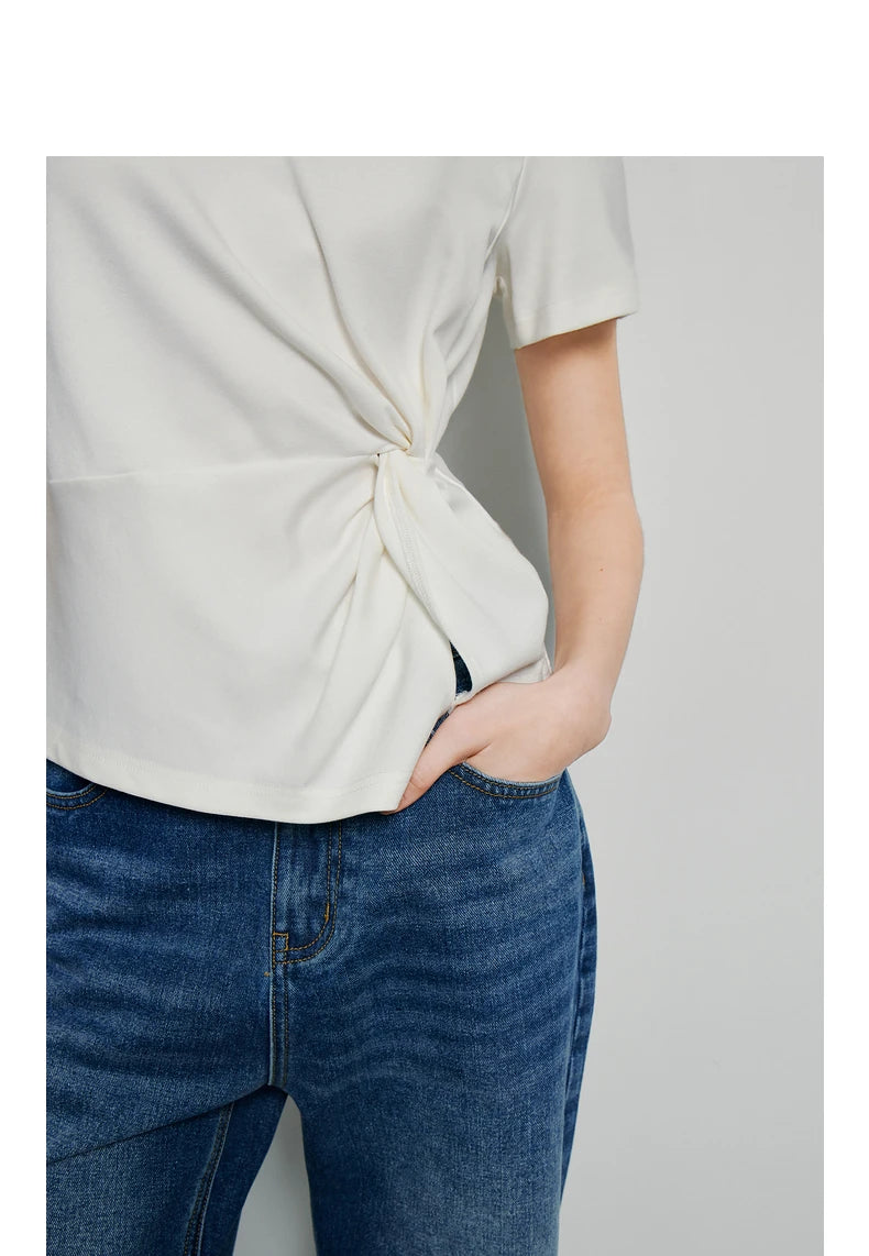 TOYOUTH Women Crop Tops 2024 Spring New Pleated Tie Irregular Solid Color Short Sleeve Women's Basic Tops