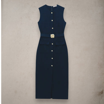 Women's Belted Black Sleeveless Dress – Office Chic Meets Summer Ease