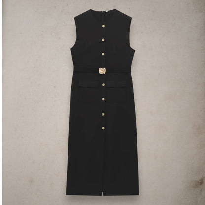 Women's Belted Black Sleeveless Dress – Office Chic Meets Summer Ease